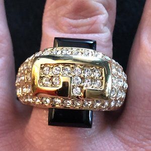 Gold Crystal Statement Logo Designer Band Ring 2 Way Detach Unisex Camille Lucie